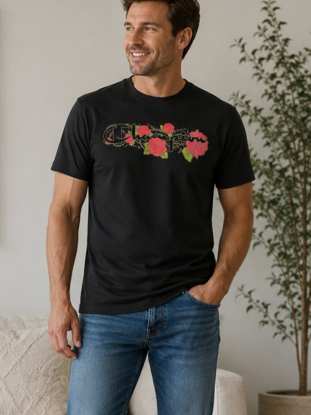 Vintage Champion Black T-Shirt with Rose Design mens floral 1990s large